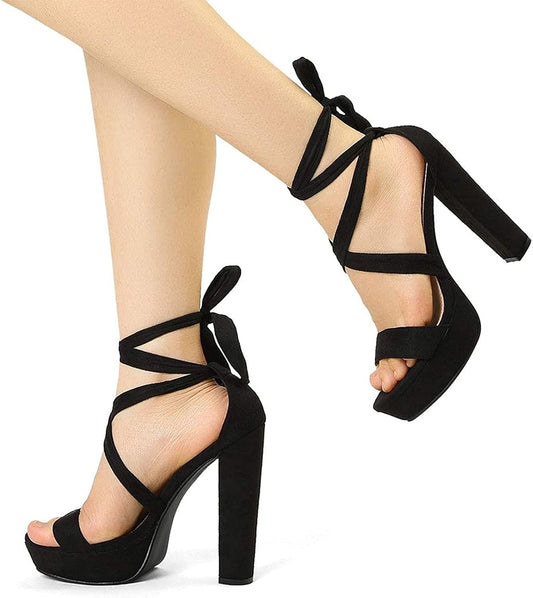 Black Lace-Up Platform Heels – Strappy Chunky High Heel Sandals