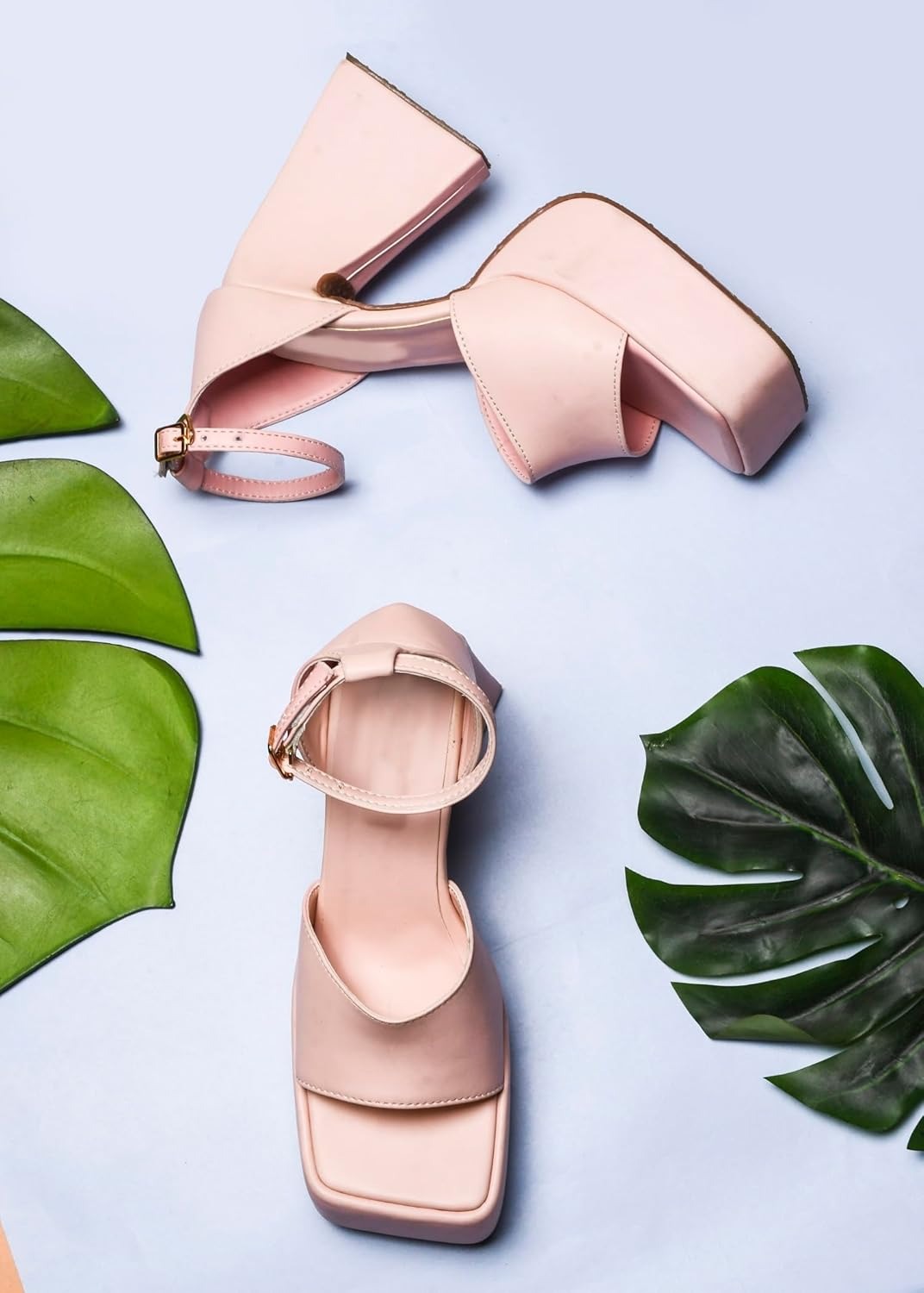 Blush Pink Platform Block Heel Sandals – Square Toe Ankle Strap Heels