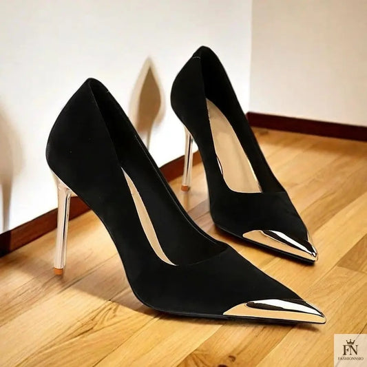 Black Pointed Toe Stiletto Heels – Metallic Tip Designer Pumps