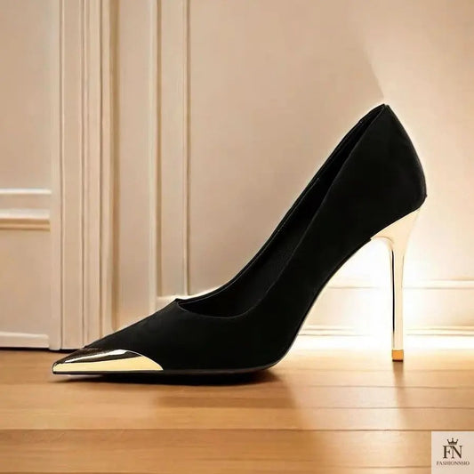 Black Pointed Toe Stiletto Heels – Metallic Tip Designer Pumps