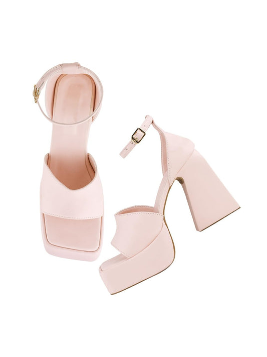 Blush Pink Platform Block Heel Sandals – Square Toe Ankle Strap Heels