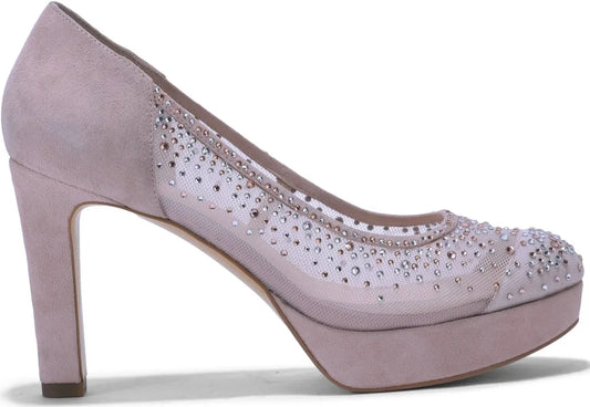 Blush Rhinestone Platform Pumps – Embellished Mesh Block Heel Heels